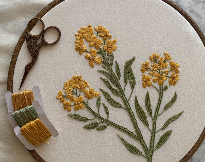 Large Mustard Flower Embroidery Hoop • Hand Embroidered Botanical Wall Art • Finished Embroidery