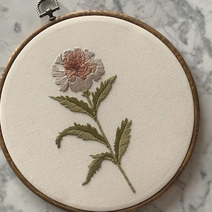 Large Botanical Embroidery Hoop Art • Hand Embroidered Carnation Floral Wall Decor