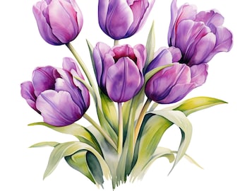 Watercolor Purple Tulips Clipart Pack - 20 PNGs - Beautiful Summer & Spring Flower Graphics - Instant Download,Commercial Use