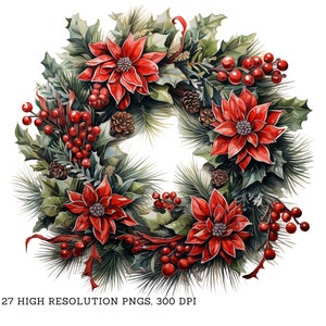 Festive Christmas Red Wreath Clipart Bundle - 27 PNGs, Instant Download for Seasonal Crafts