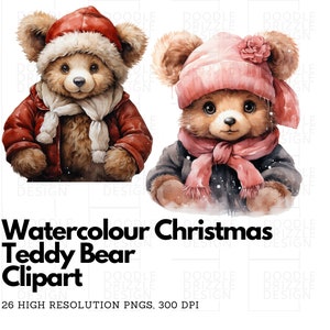 Noël Teddy Bear Clipart, 26 PNG, Téléchargement numérique, Fond transparent, Utilisation commerciale, Fabrication de cartes, Papier numérique