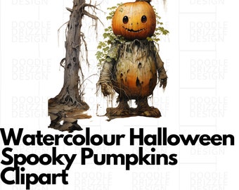 Spooky Watercolour Pumpkin Characters Halloween Clipart, Digital Download Transparent Background Commercial Use, Card Making, Digital Paper