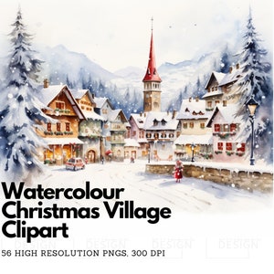 Encantador país de las maravillas invernal: 56 PNG acuarela Christmas Village Clipart Bundle, descarga digital para elaboración y fabricación de tarjetas