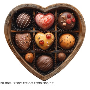 Delícias doces: 20 clipart de caixa de chocolates em formato de coração - 20 PNGs, download instantâneo, fundos transparentes