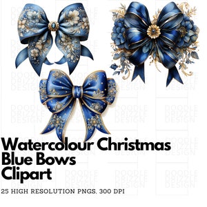 Aquarell Weihnachten Blau Schleife Clipart Set - 25 transparente PNGs - Sofortiger digitaler Download - Perfekt für die Kartenherstellung und digitales Papier