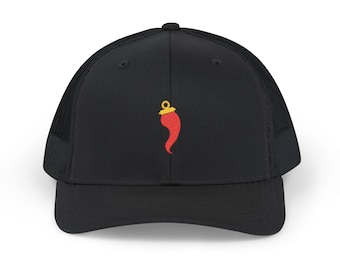 Embroidered Italian Horn Trucker Hat: Cornicello Good Luck Charm