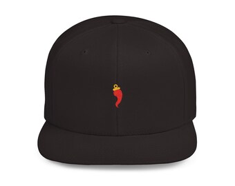May include: A black and red embroidered flat brimmed baseball cap with a red pepper design.