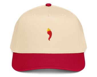May include: A cream-coloured baseball cap with a red brim and a red button on top. The cap features an embroidered red chilli pepper with a yellow accent.