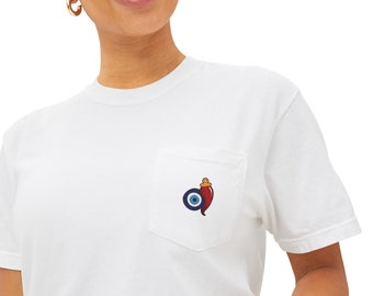 May include: White t-shirt with a pocket featuring an embroidered red chilli pepper with a blue evil eye charm.