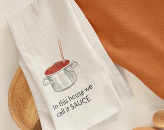 Italian Tea Towel | Hand-Painted Sauce Pot & Meatballs Design | Italian-American Kitchen Décor