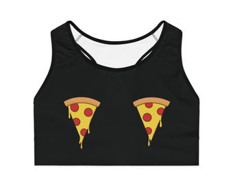 May include: Black sports bra with a white racerback design. The bra features a graphic of two pizza slices with pepperoni and melted cheese.