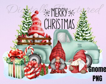 May include: A green pickup truck with a red and white striped gnome in the bed, carrying presents. Two other gnomes, one with a red hat and one with a plaid hat, stand in front of the truck. The truck has the words "Merry Christmas" written on the side.