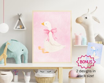 Goose Wall Art | Coquette Cute Goose Poster | Nursery Decor Animal Printable |  Pink Coquette Room Decor |  Girl's Room Goose with Bow Print