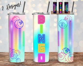 May include: Two designs for a stainless steel tumbler with a neon rainbow design. One design features the word "BINGO" in neon letters. The other design features neon lines with bingo balls with numbers on them.