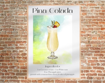 Pina Colada Art Print | Bar Cart Decor Cocktail Poster | Party Signature Drink Sign | Retro Cocktail Print | Minimalist Wall Art