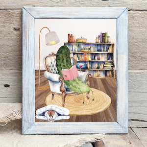 Pickle Reading a Book Wall Art Digital Download | Pickle Art | Fun Pickle Prints | Whimsical Pickle Reading a Book | Pickle Water Color Art