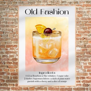 Old Fashion Cocktail Art Print | Bar Cart Decor Cocktail Poster | Party Signature Drink Sign | Retro Cocktail Print | Minimalist Wall Art