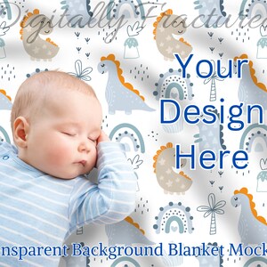 May include: A baby sleeping on a white and blue blanket with a dinosaur pattern. The blanket has a transparent background for easy customisation. The text "Your Design Here" is printed on the blanket.