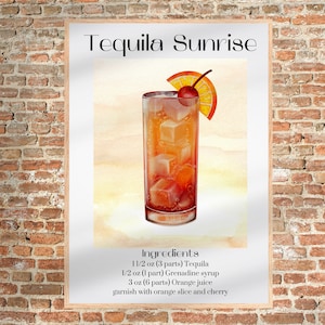 Impressão da arte do cocktail do nascer do sol da tequila de <br> Entrega Rápida? Cocktail da decoração do carrinho de bar pôster | Sinal de bebida exclusiva da festa | Impressão de coquetel retrô | Arte de parede minimalista