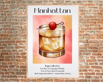 Manhattan Cocktail Art Print | Bar Cart Decor Cocktail Poster | Party Signature Drink Sign | Retro Cocktail Print | Minimalist Wall Art
