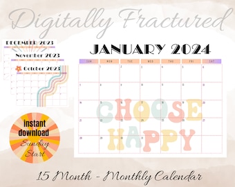 2024 Monthly Calendar | 2024 Monthly Planner Sunday Start | Retro Calendar | Printable Calendar | Hippie Calendar Planner | Digital Planner