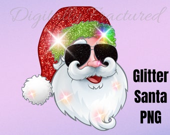 Santa with Sunglasses PNG for Sublimation | Glitter Santa | Christmas PNG | Sparkly Santa with Sunglasses | Digital Download for Sublimation