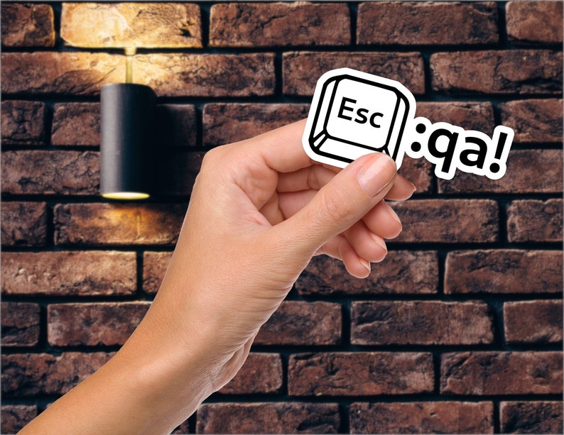 May include: A hand holding a white sticker with a black outline of an escape key and the text "Esc". The sticker is next to a white sticker with the text ":q a!"