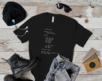 Hallo wereld! in montage op uniseks jersey T-shirt met korte mouw - nerdcadeau, programmeurcadeau