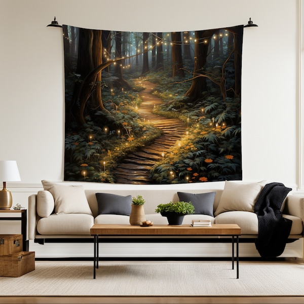Take a walk in an enchanted forest lit by fairy lights. Add a little fantasy to any room with this beautiful tapestry.
