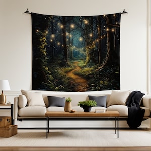 Take a walk in an enchanted forest lit by fairy lights. Add a little fantasy to any room with this beautiful tapestry.