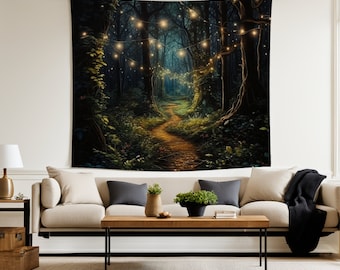 Take a walk in an enchanted forest lit by fairy lights. Add a little fantasy to any room with this beautiful tapestry.