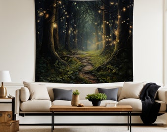 Take a walk in an enchanted forest lit by fairy lights. Add a little fantasy to any room with this beautiful tapestry.