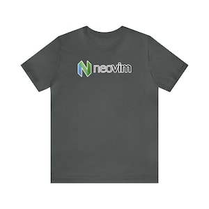 May include: A dark gray t-shirt with a white logo featuring a stylized green and blue "N" and the text "neovim".