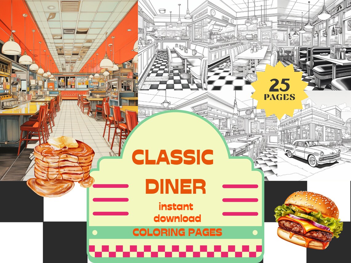 Classic Diner Coloring Pages 25 Instant Download PDF Pages Coloring
