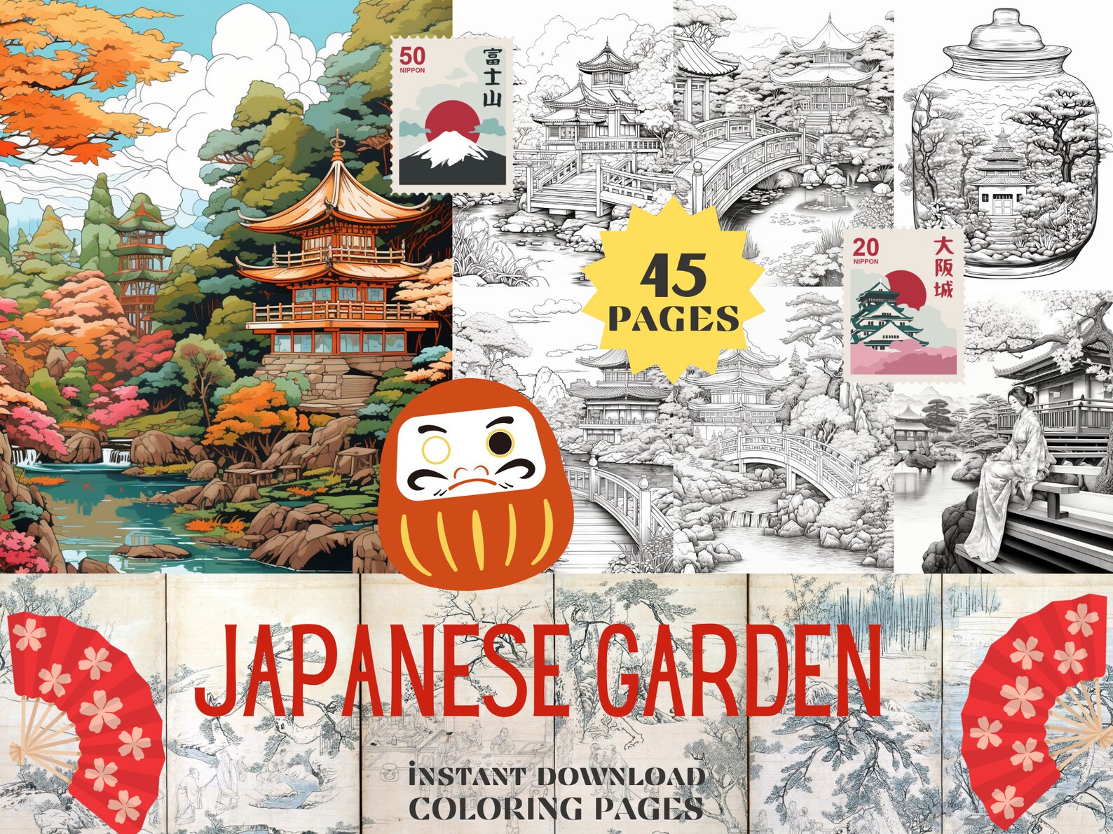 Japanese Garden Coloring Book Instant Download PDF Pages Coloring Book