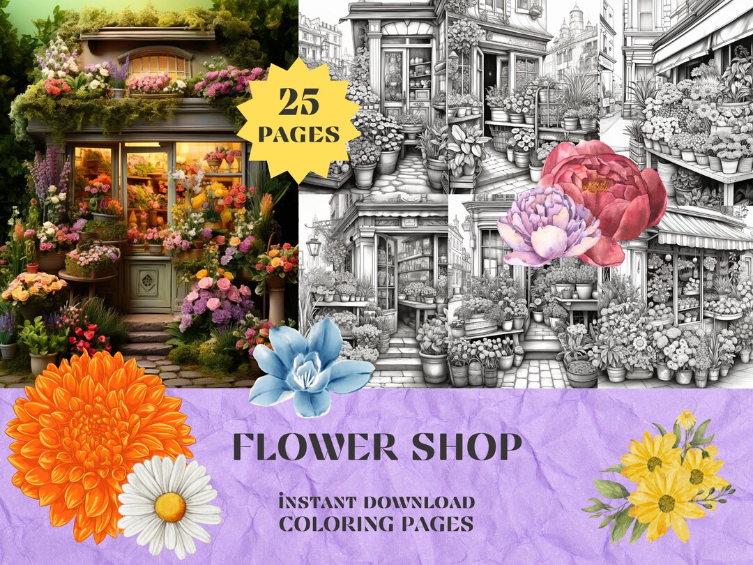 Flower Shop Coloring Pages 25 Instant Download PDF Pages Coloring Book
