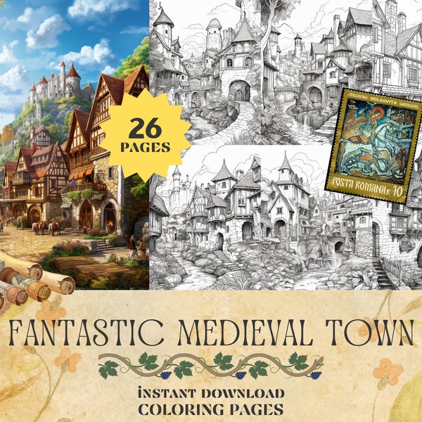 Fantastic Medieval Town Coloring Pages | 26 Instant Download PDF Pages | Coloring Book for adults and for kids