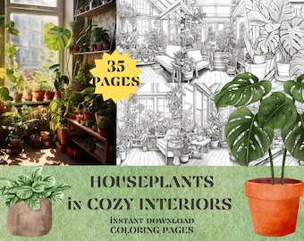 Houseplants in Cozy Interiors Coloring Pages | Instant Download PDF Pages | Coloring Book for adults and for kids
