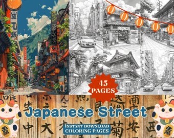 Japanese Street Coloring Pages | Adult Coloring Pages | Instant Download PDF Adult Coloring Book