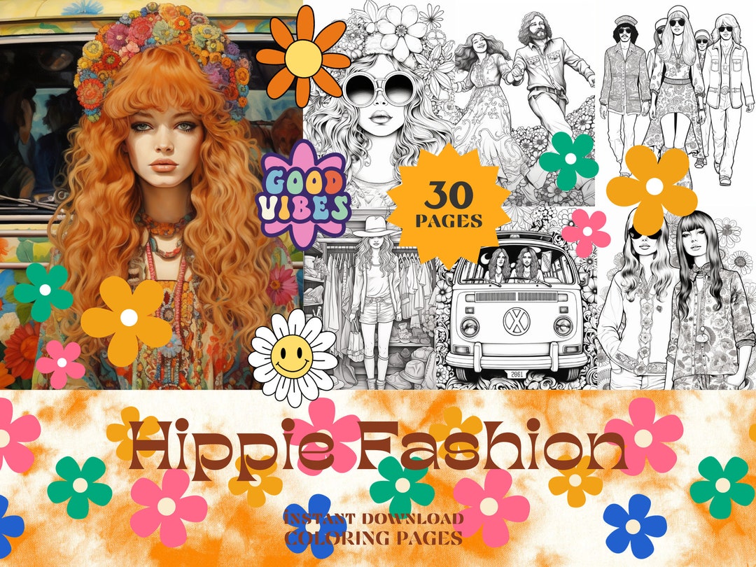 Hippie Fashion Coloring Pages Instant Download PDF Coloring Book for
