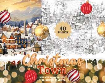 Christmas Town Coloring Pages | Instant Download PDF Coloring Book for adults and for kids