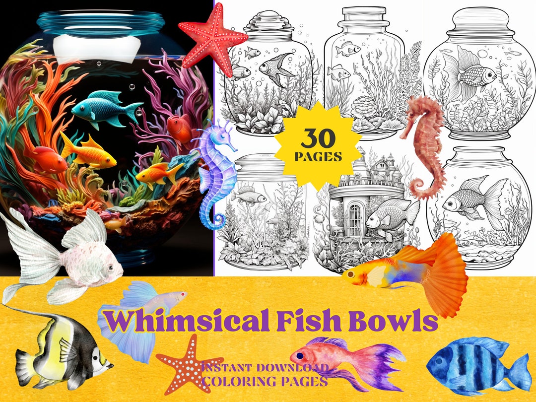 Whimsical Fish Bowls Coloring Pages Instant Download PDF Coloring Book ...
