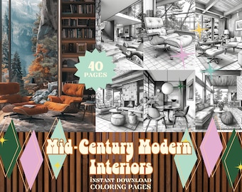 Mid-Century Modern Interior Coloring Pages | Instant Download PDF Pages | Coloring Book for adults and for kids