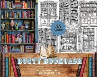 Dusty Bookcase Coloring Pages | Instant Download PDF Pages | Coloring Book for adults and for kids