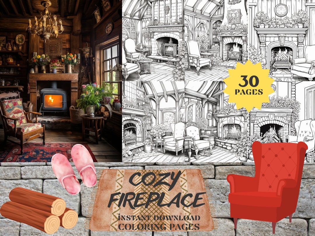 Cozy Fireplace Coloring Pages 30 Instant Download PDF Pages Coloring ...