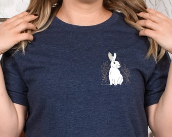 Geometric Bunny Pocket Graphic T-Shirt | Rabbit Owner Gift | Bunny Lover Apparel | Floral Rabbit Illustration