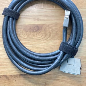 May include: A black cable with two silver connectors. One connector has the word "AMP" printed on it.