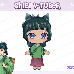 Könnte beinhalten: Digitale Illustration eines Chibi V-Tuber-Charakters mit tealfarbenem Haar und Katzenohren. Die Figur trägt ein grünes Oberteil und einen rosa Rock. Der Text "Chibi V-Tuber" ist enthalten.