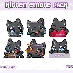 Könnte beinhalten: Ein Set mit sechs schwarzen Kätzchen-Emojis mit verschiedenen Ausdrücken, darunter Weinen, Erröten, ein Herz halten, in ein Notizbuch schreiben und überrascht aussehen. Die Emojis sind 112 Pixel mal 112 Pixel groß.