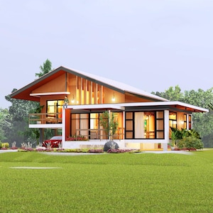 May include: A modern two-story house with a sloped roof and large windows. The exterior features wood paneling, a balcony, and a red car parked in front. The house is surrounded by a green lawn and trees.